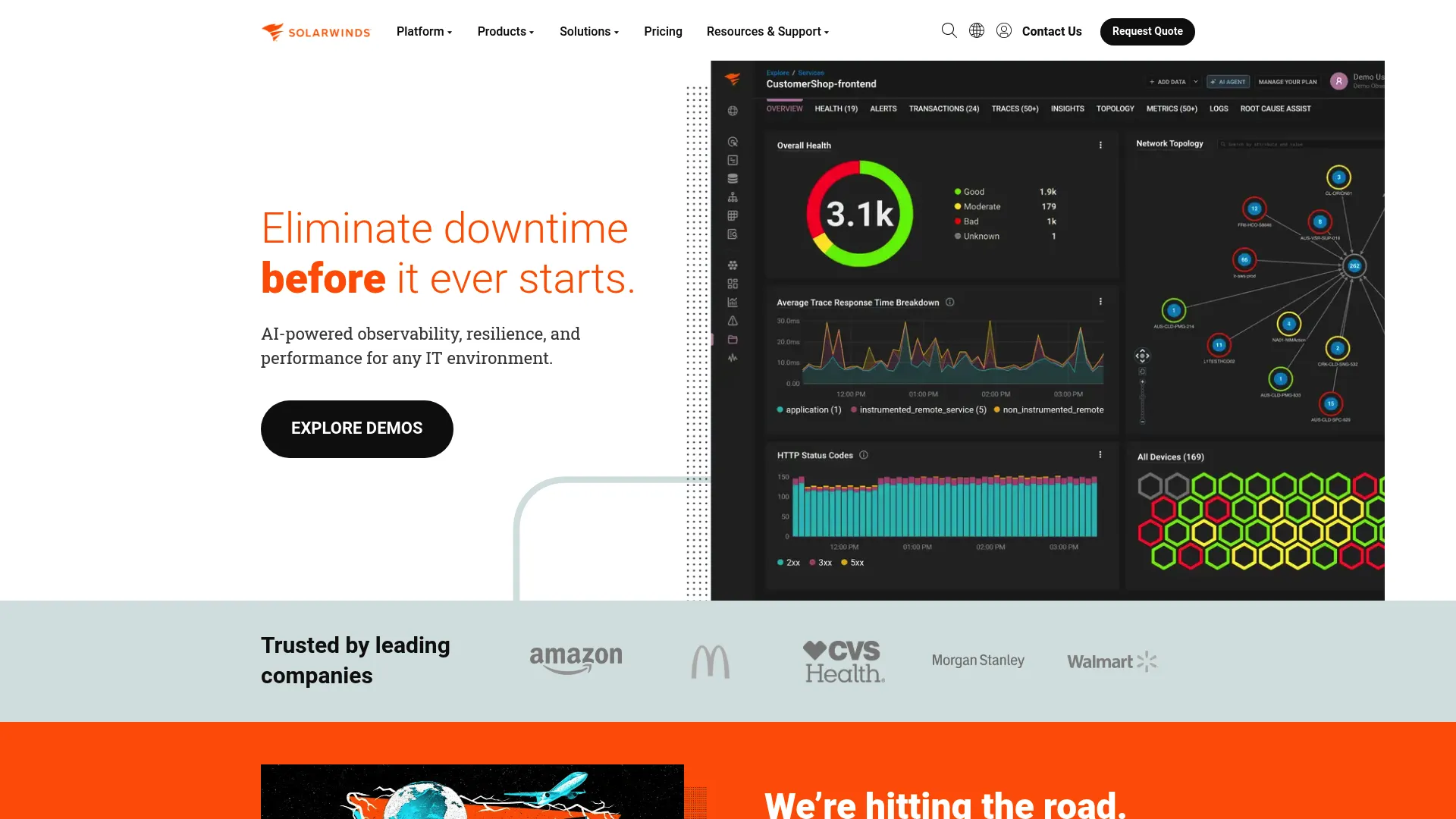 SolarWinds hybrid IT observability and infrastructure monitoring dashboard