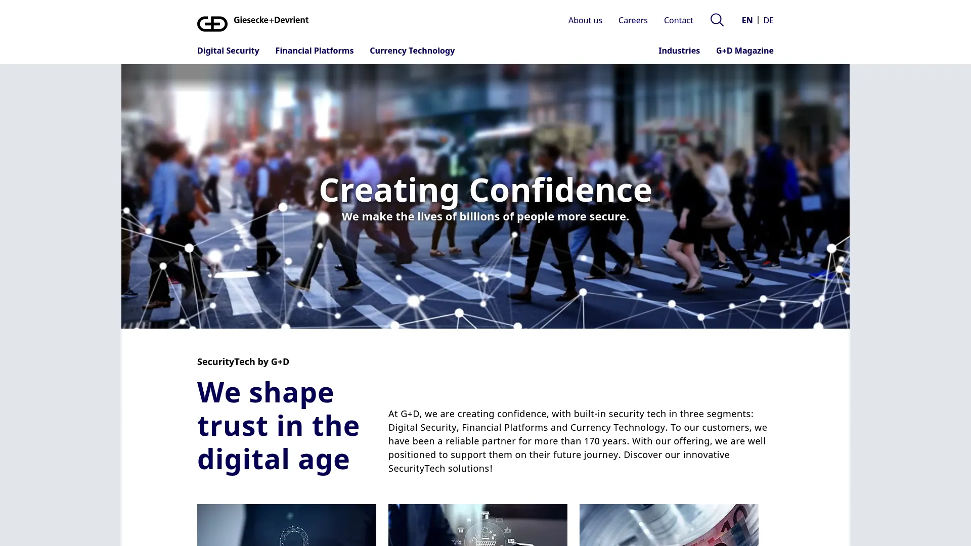 G+D website showing connectivity and IoT security solutions