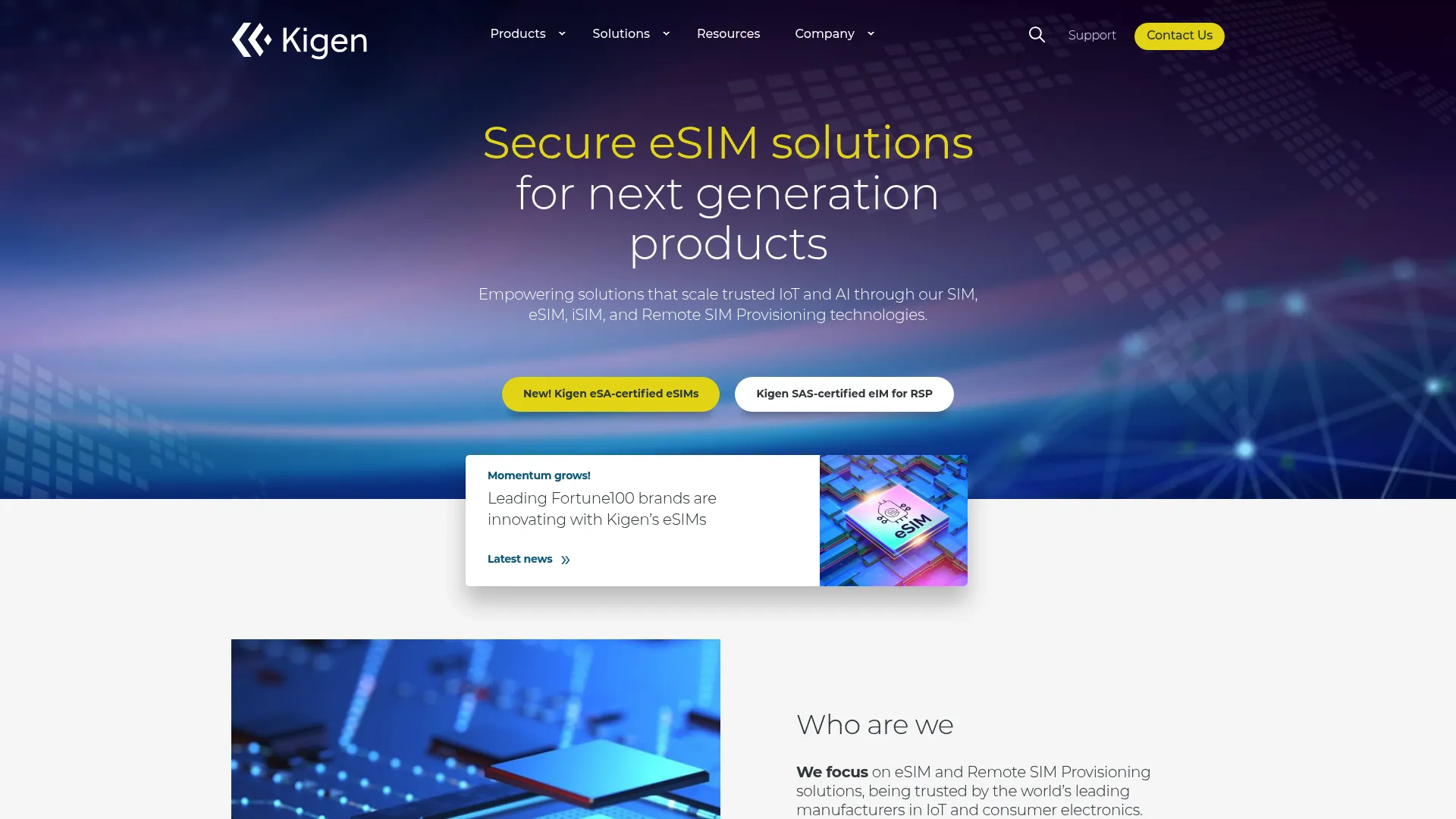 Kigen website showing SIM, eSIM, and iSIM provisioning software