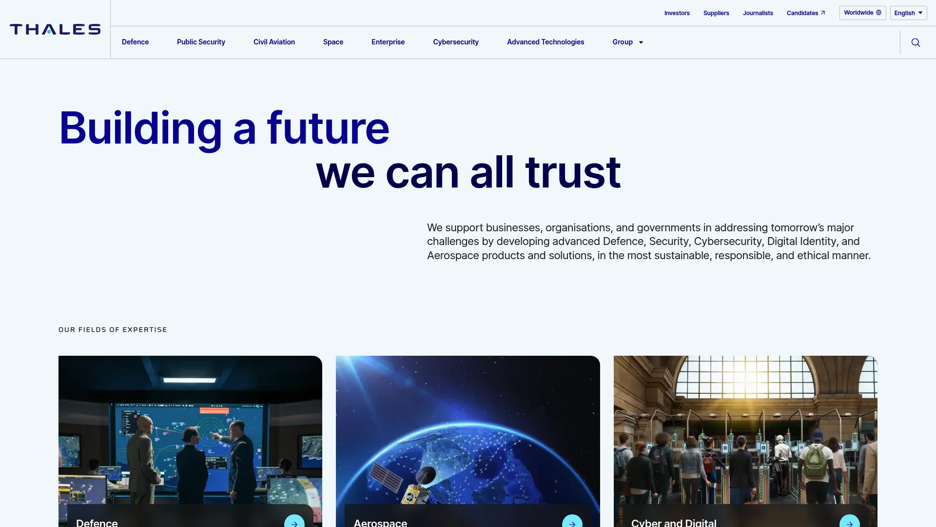 Thales website showing cybersecurity and digital identity solutions