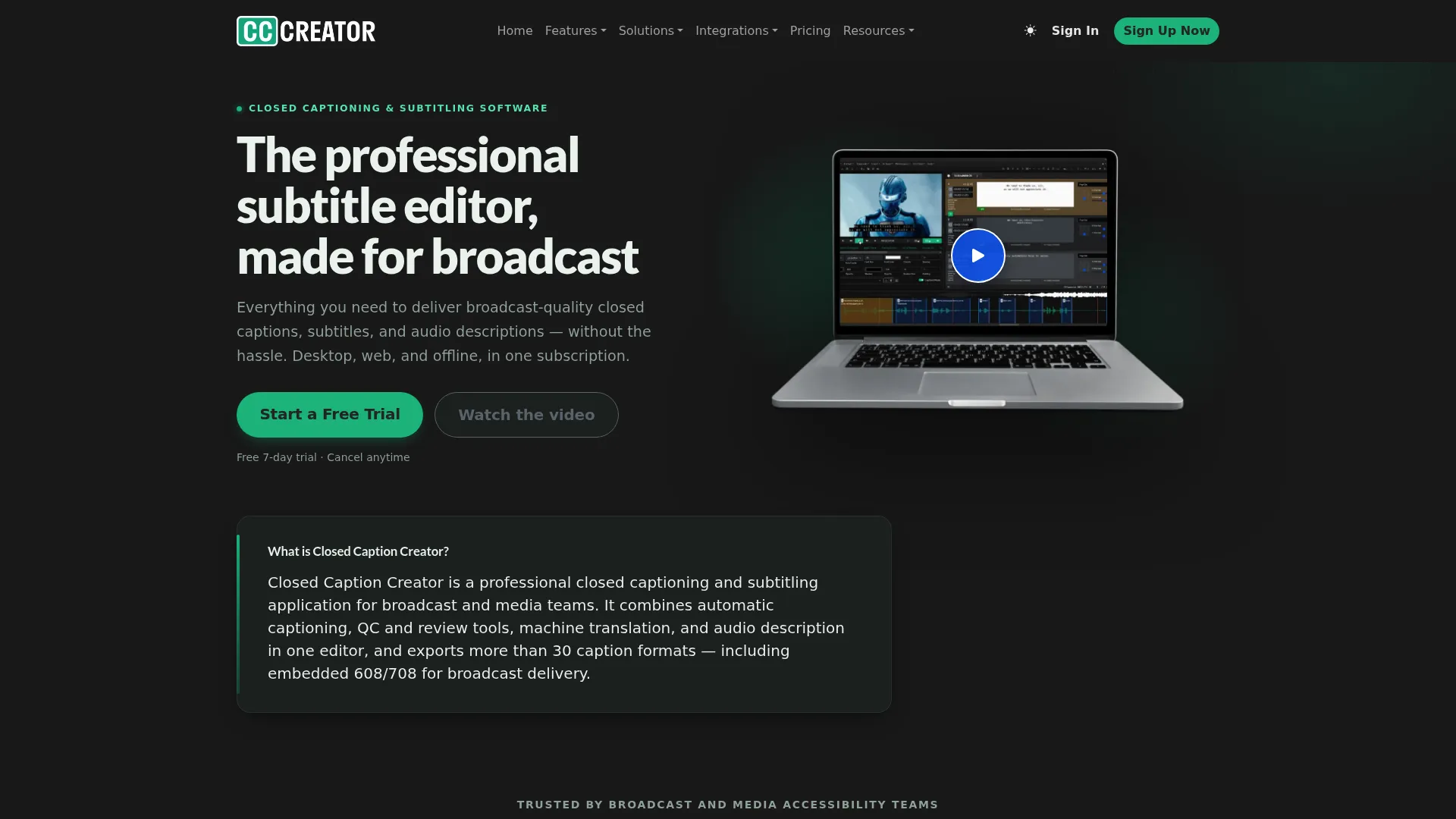 Closed Caption Creator broadcast captioning homepage