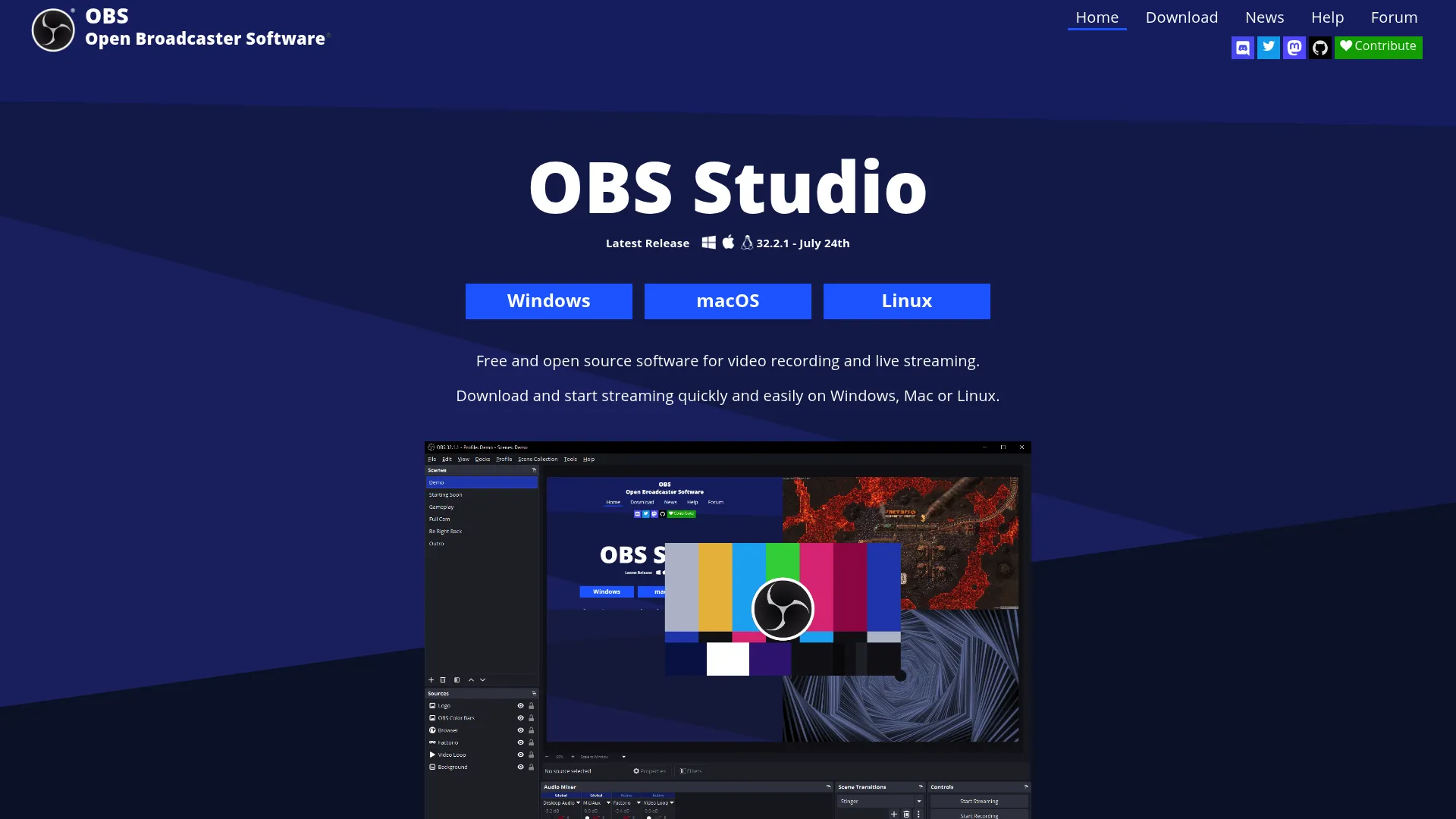 OBS Studio open-source recording and streaming homepage