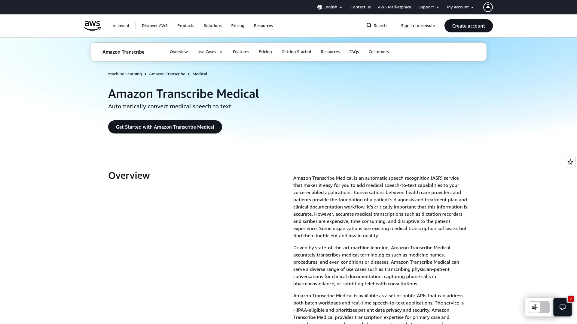 Amazon Transcribe Medical AWS speech-to-text service page