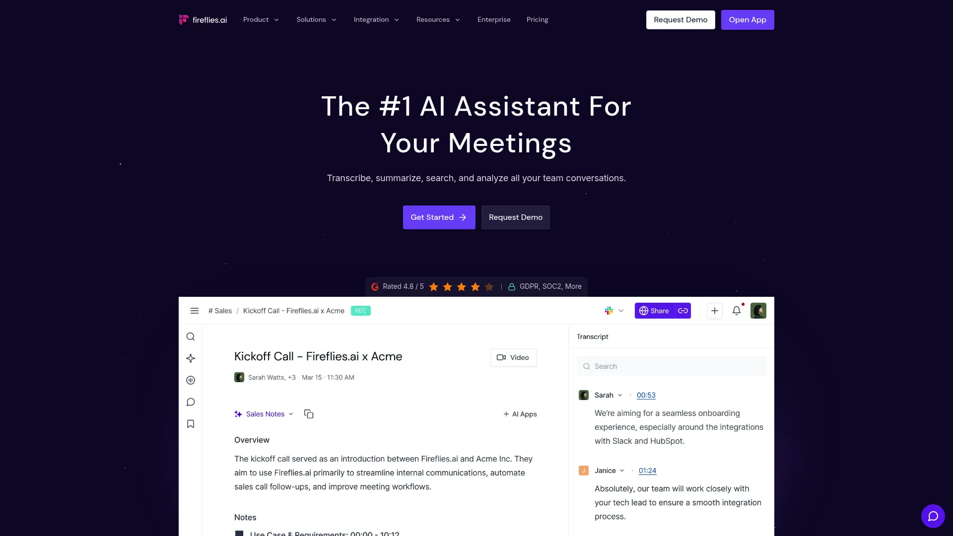 Fireflies AI meeting notes and search interface