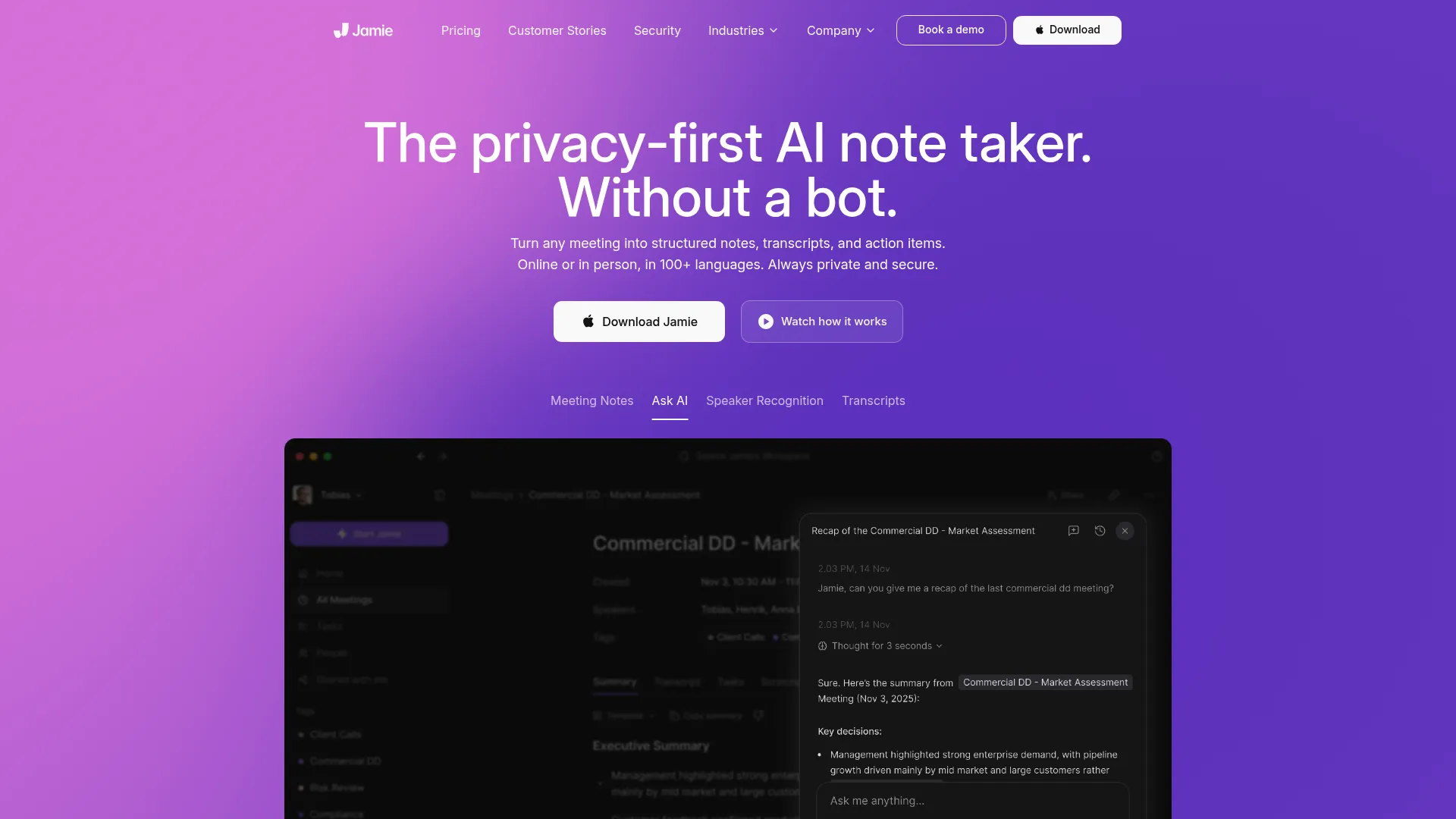 Jamie bot-free meeting notes interface