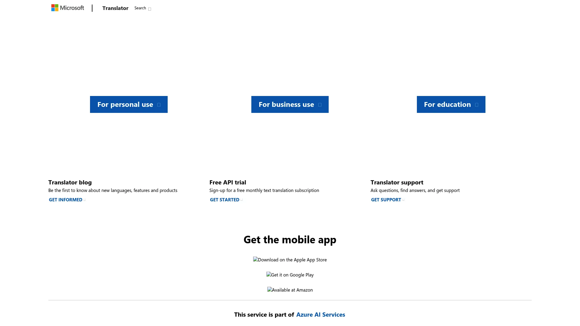 Microsoft Translator document translation page