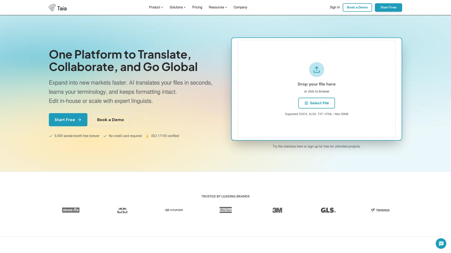 Taia AI translation and localization platform homepage