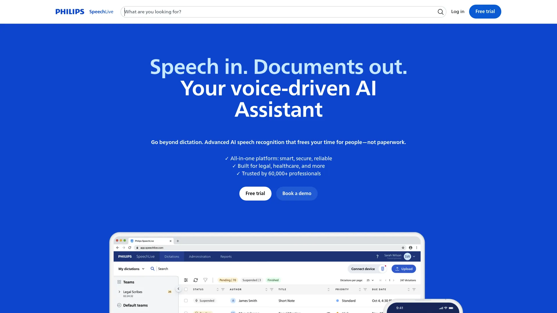 Philips SpeechLive cloud dictation interface