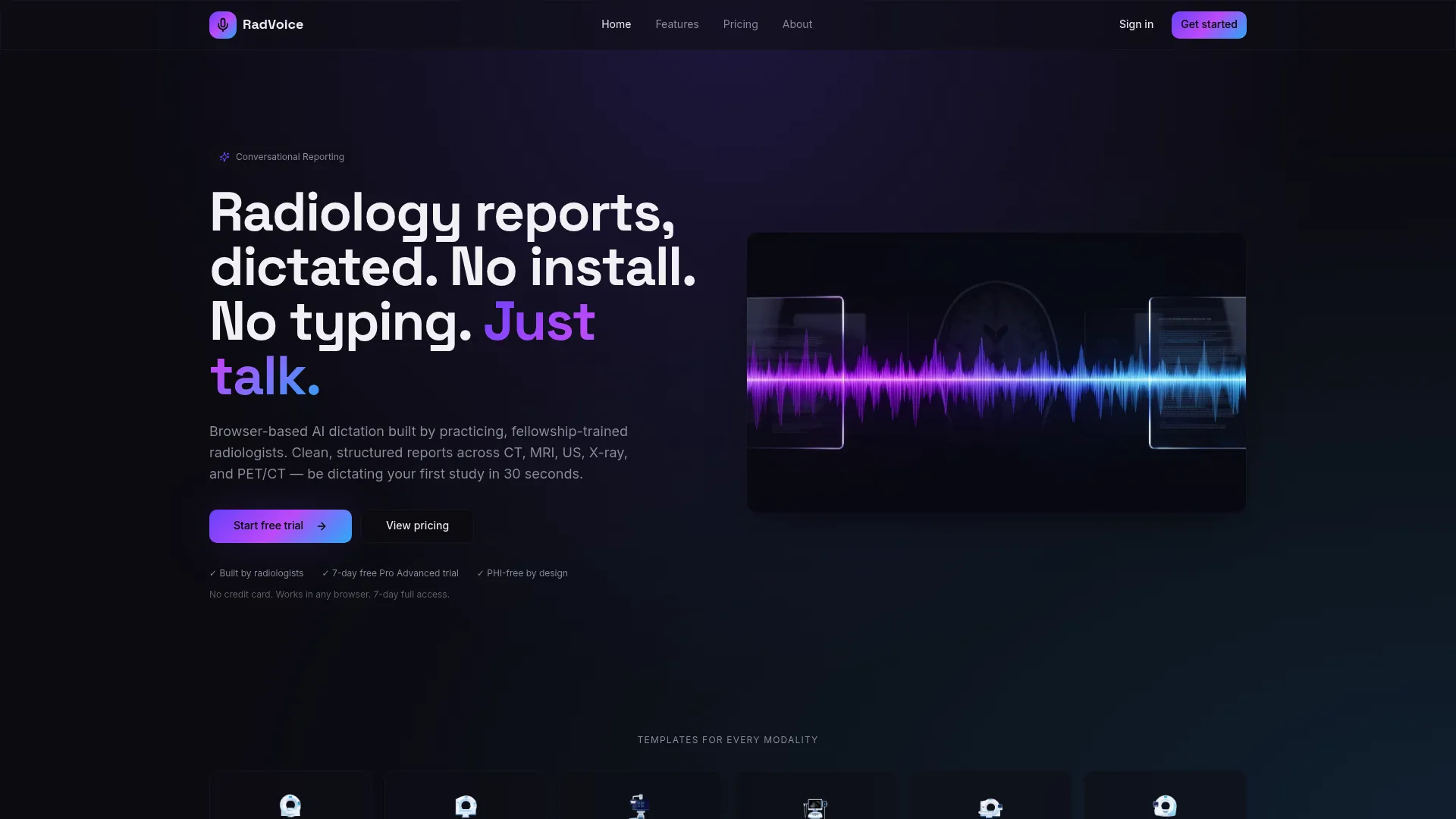 RadVoice browser-based AI dictation for radiologists homepage