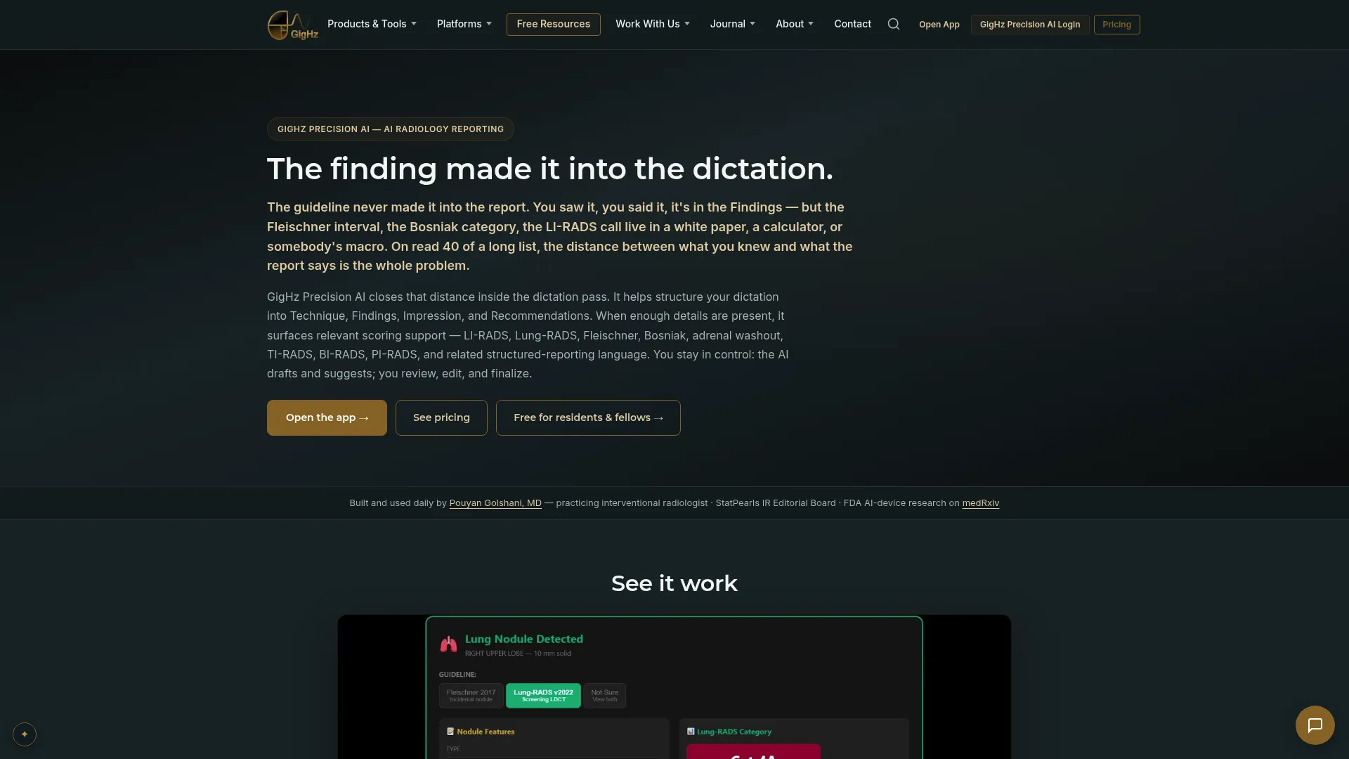 GigHz Precision AI radiology report assistant homepage