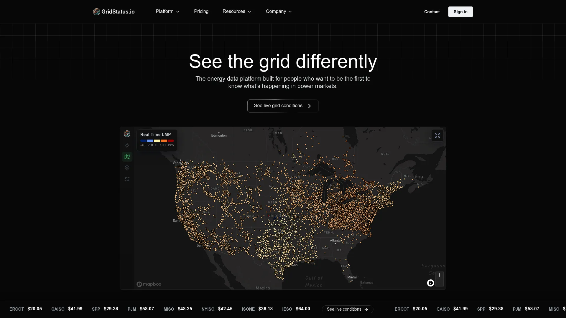 Grid Status power market data platform homepage