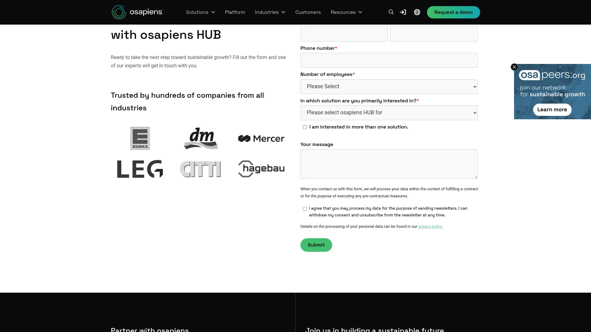 Osapiens sustainability and compliance platform homepage
