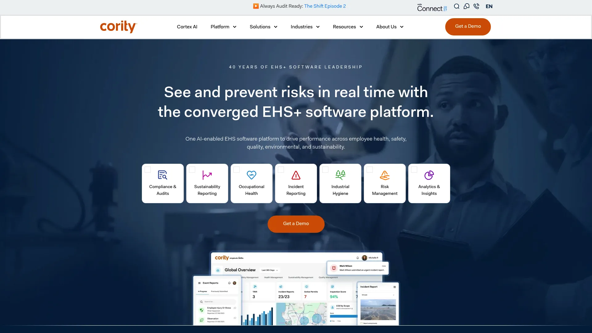 CorityOne EHS and sustainability platform homepage