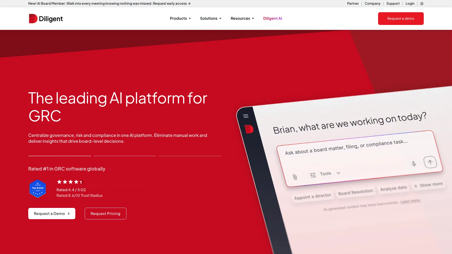 Diligent governance and board platform homepage