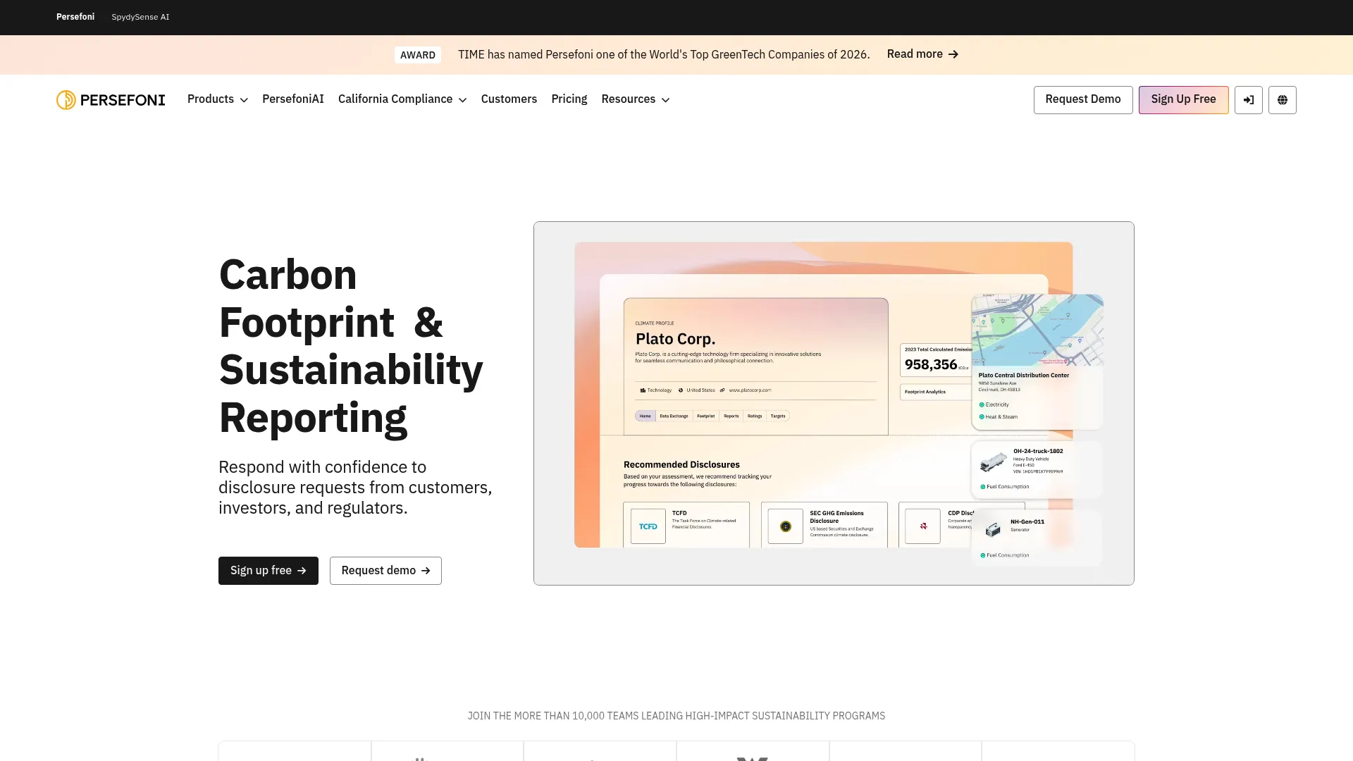 Persefoni website homepage showing carbon accounting and climate disclosure software