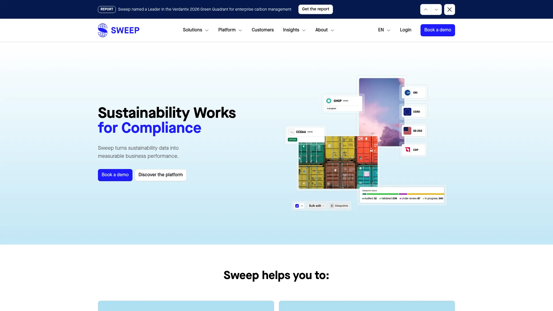 Sweep website homepage showing sustainability data management platform