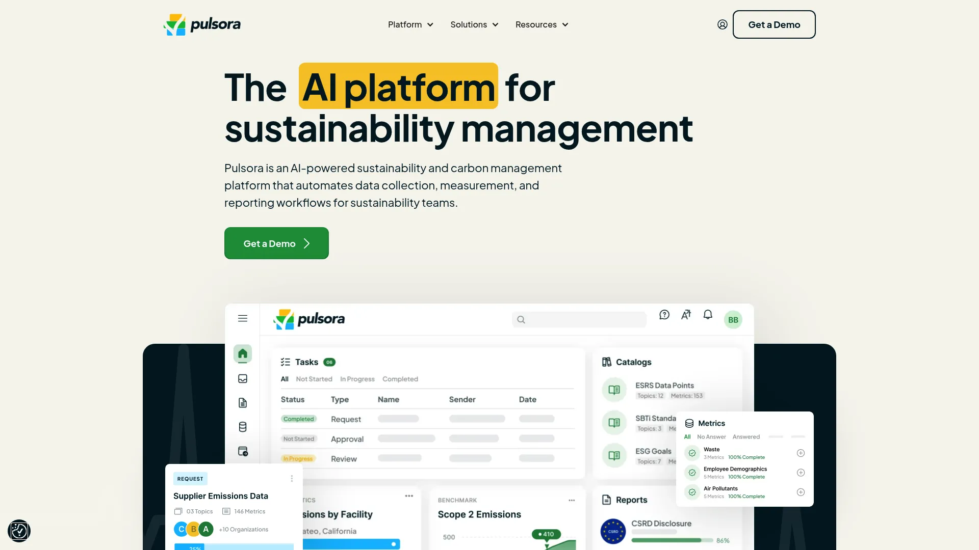 Pulsora website homepage showing enterprise sustainability and ESG platform