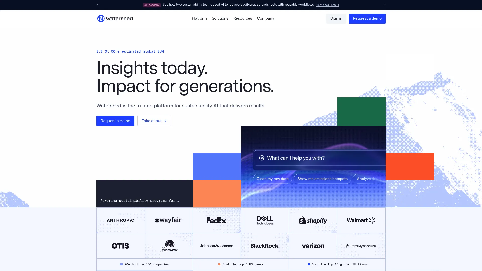 Watershed website homepage showing enterprise sustainability AI platform