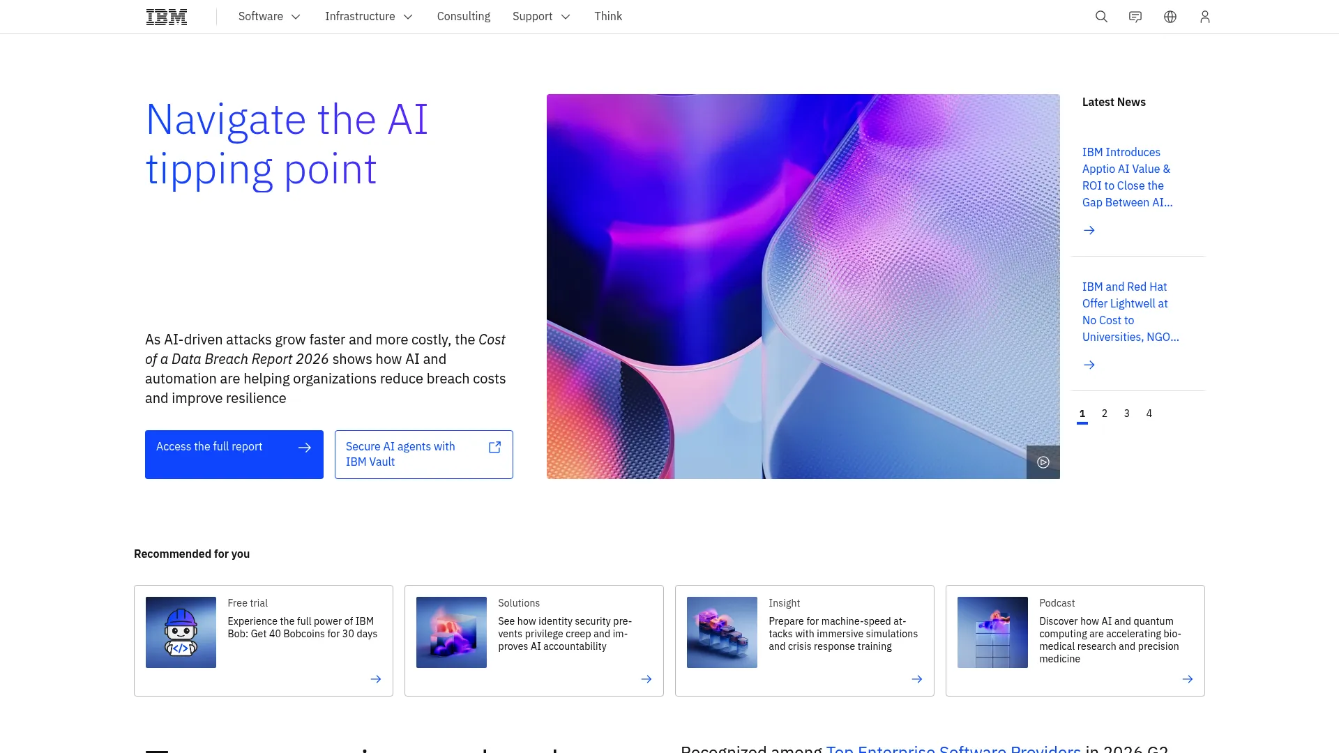 IBM homepage showing enterprise AI and analytics software