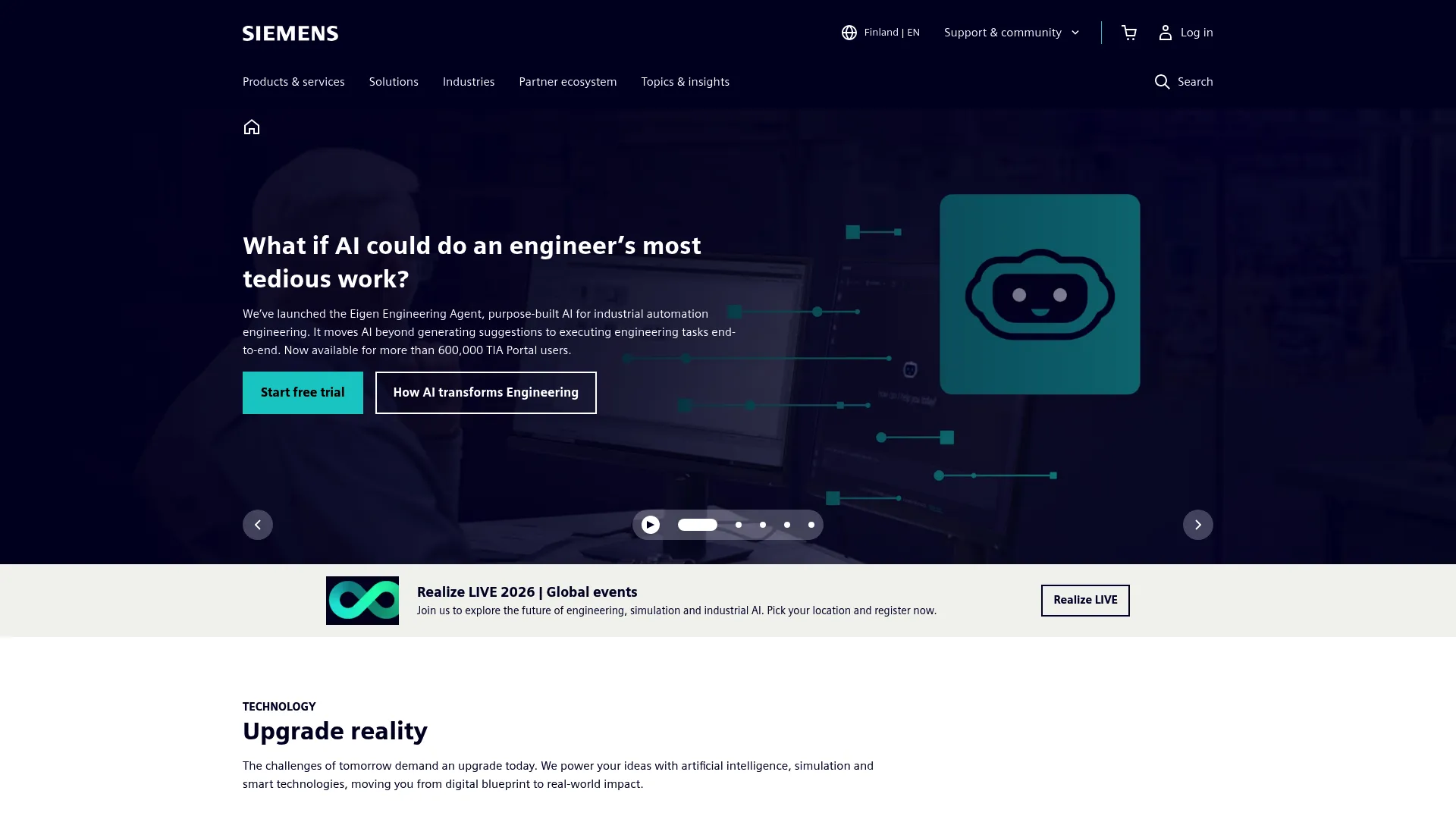 Siemens homepage showing grid control and automation software