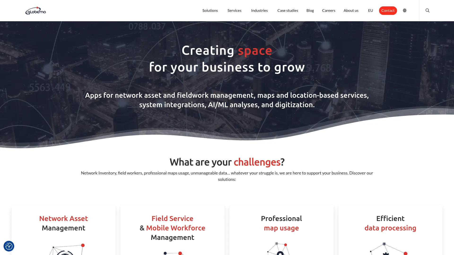 Globema homepage showing geospatial and utility operations software