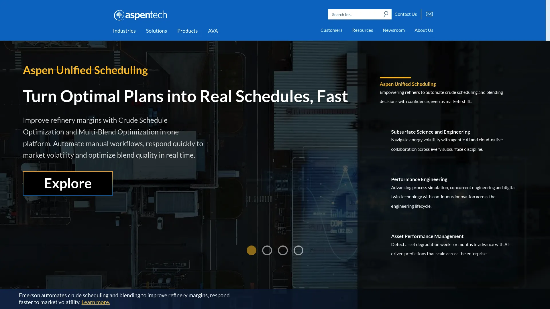 AspenTech homepage showing grid optimization and modeling software