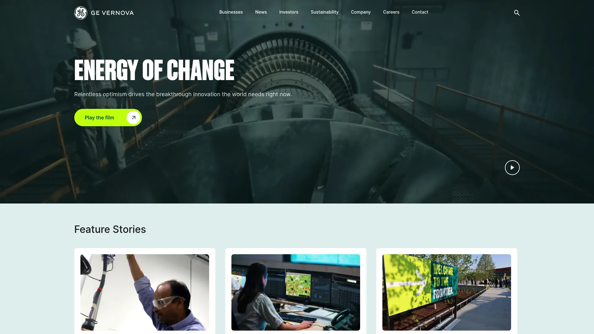 GE Vernova homepage showing GridOS grid orchestration software