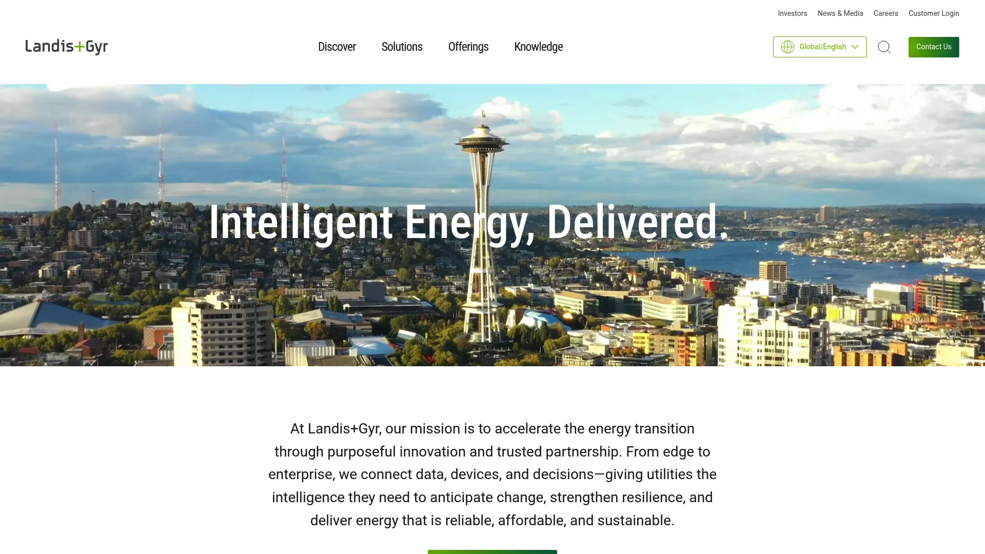 Landis+Gyr homepage showing smart metering and grid edge software