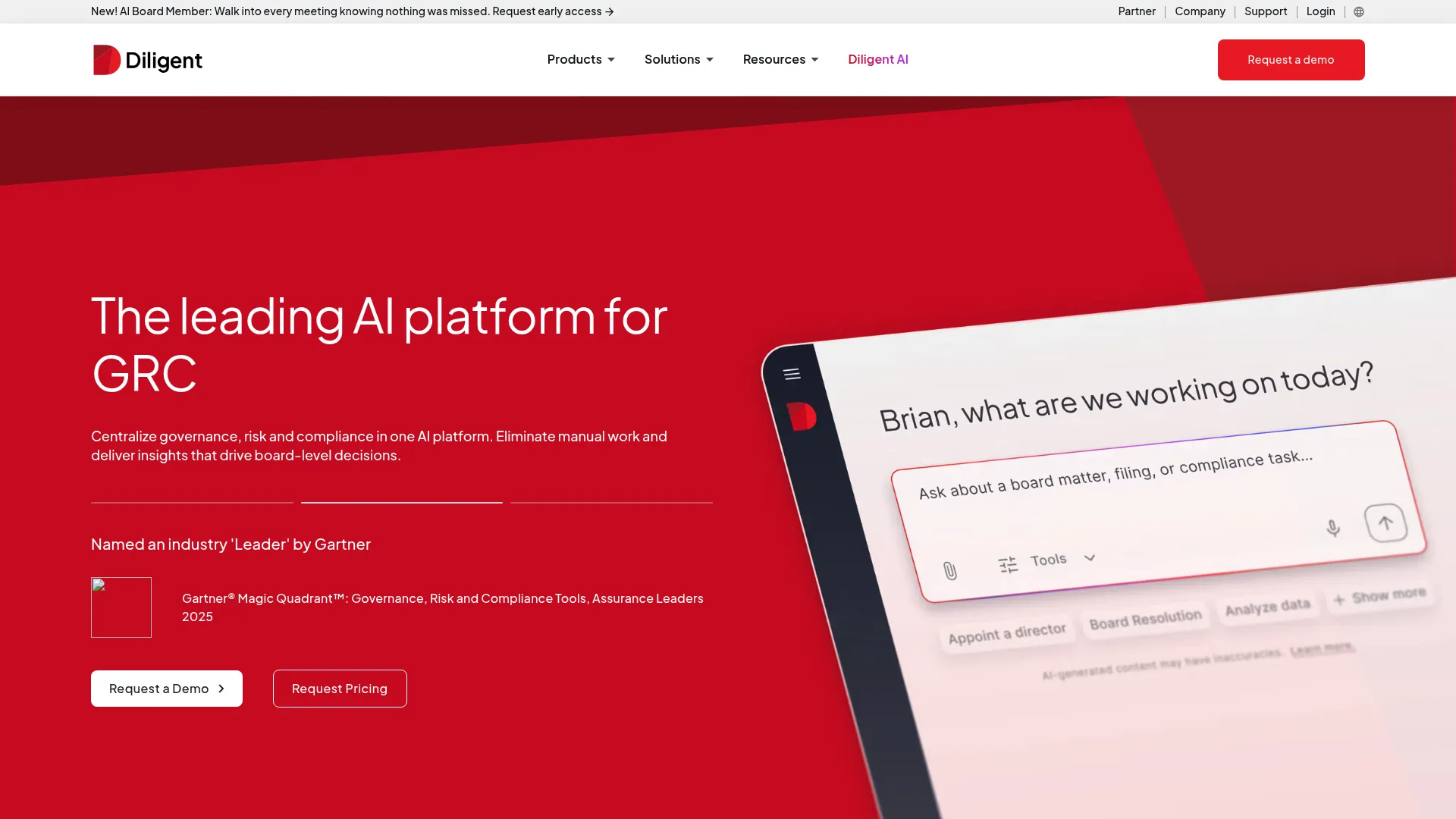 Diligent GRC and board governance platform homepage
