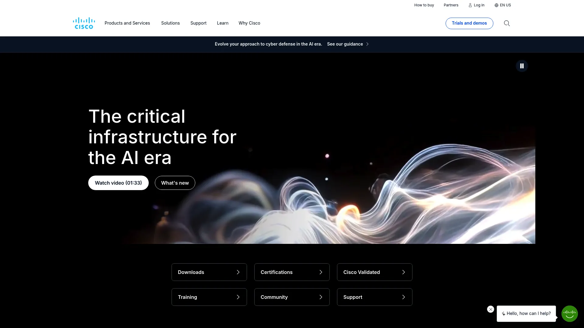 Cisco website homepage showing networking and connected infrastructure
