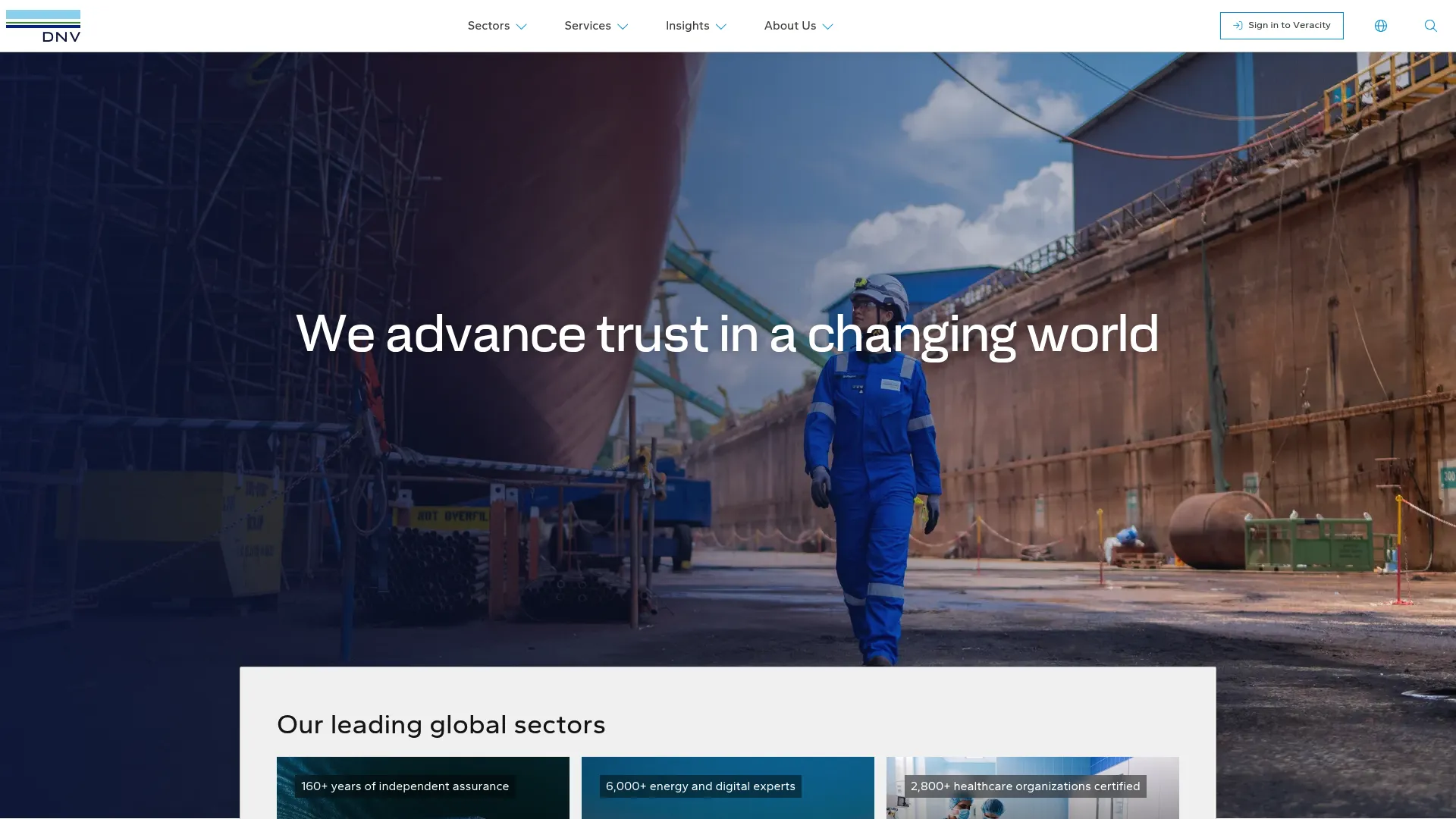DNV website homepage showing energy reliability and software services