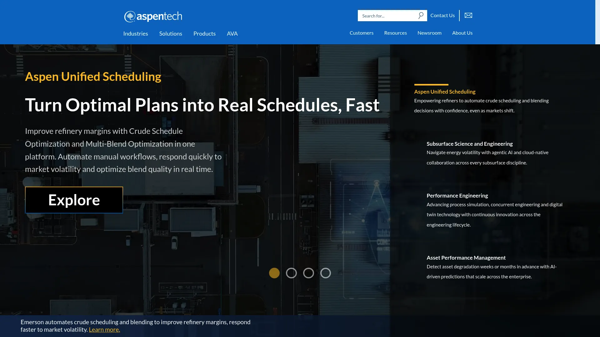 AspenTech website homepage showing industrial and digital grid software