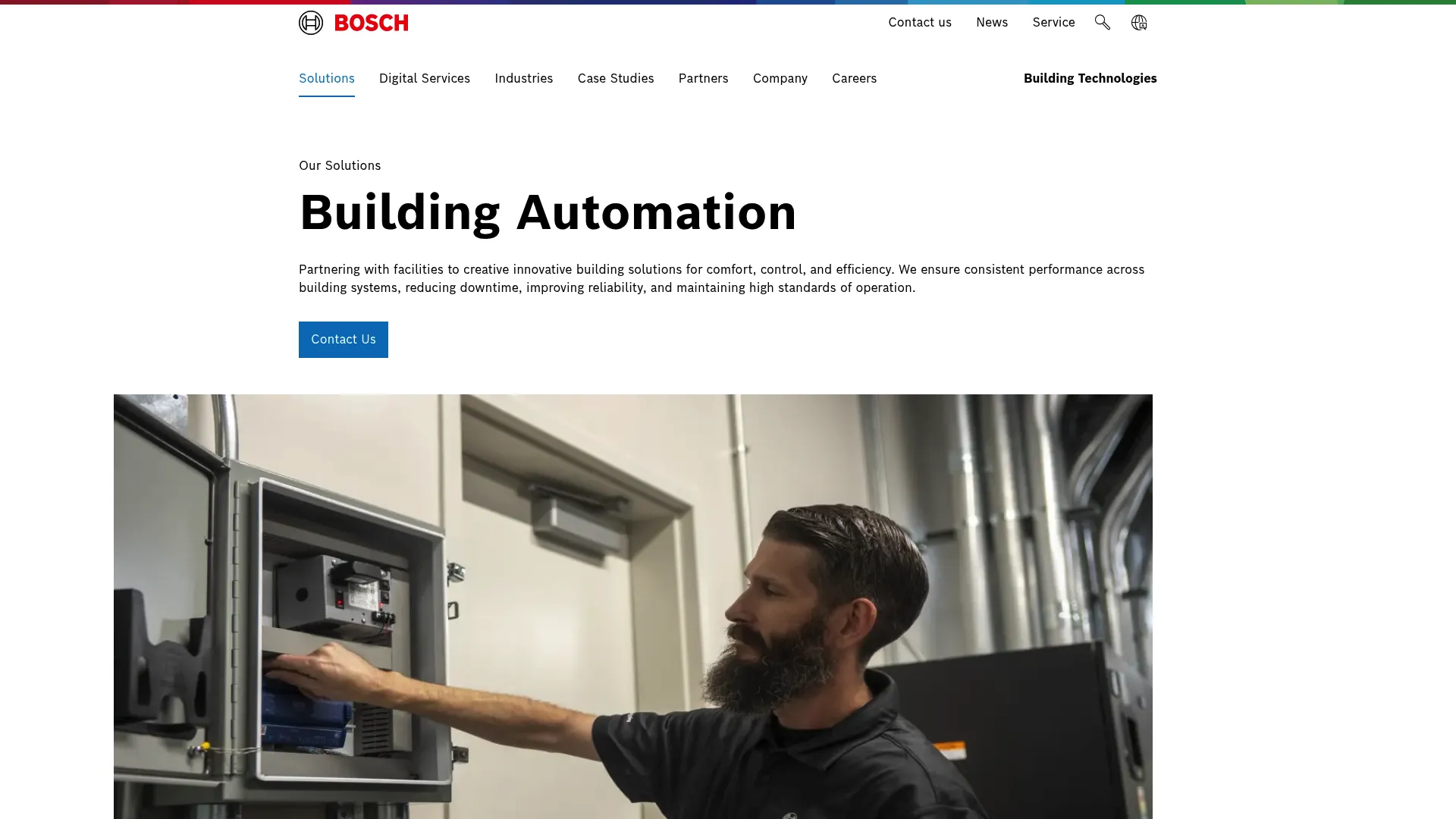 Bosch Building Technologies homepage showing building automation solutions