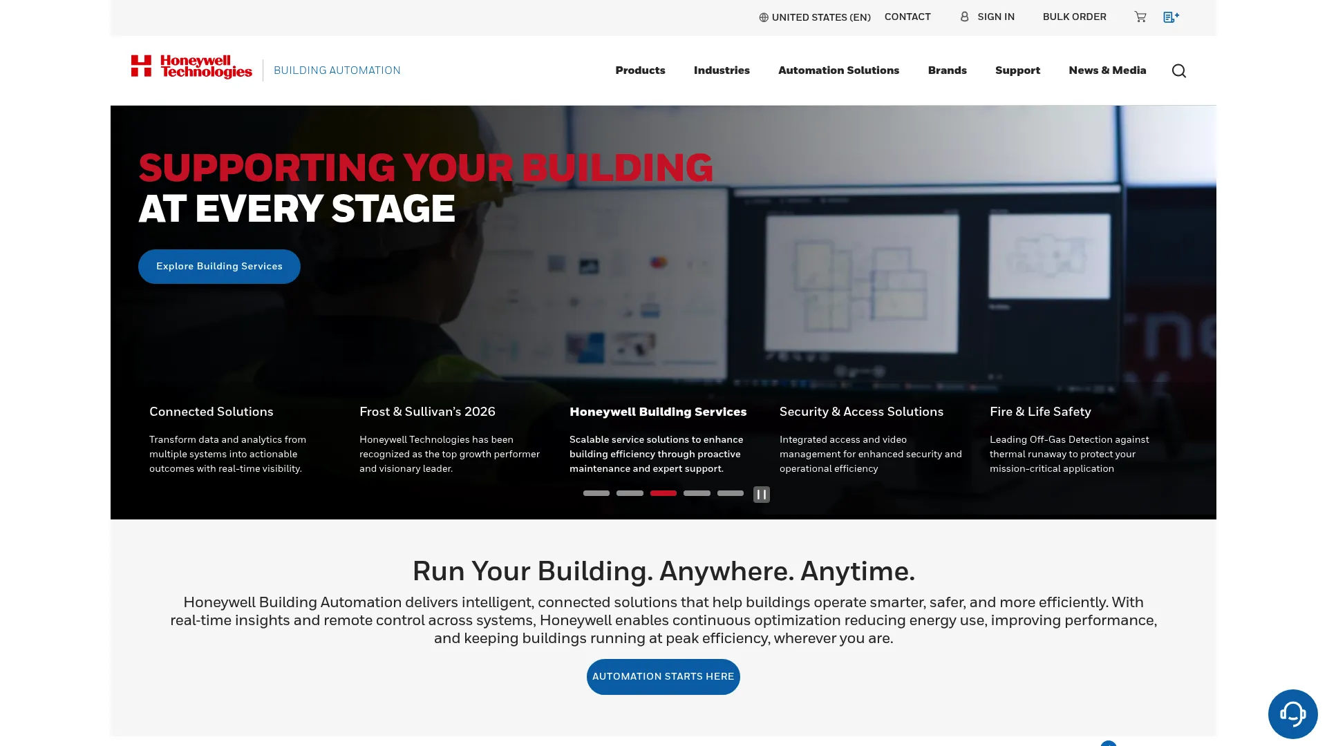 Honeywell Building Automation homepage showing connected building control solutions