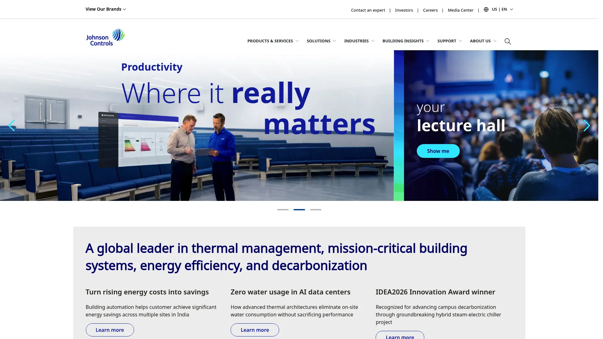 Johnson Controls homepage showing OpenBlue smart building solutions