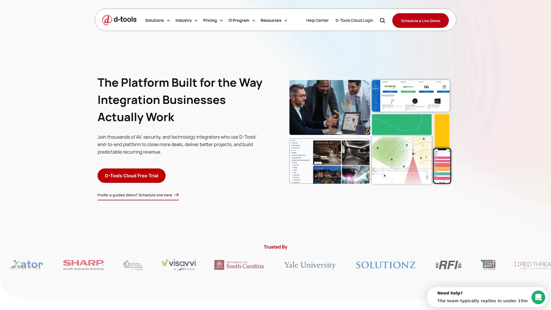 D-Tools homepage showing quoting and project management software for integrators