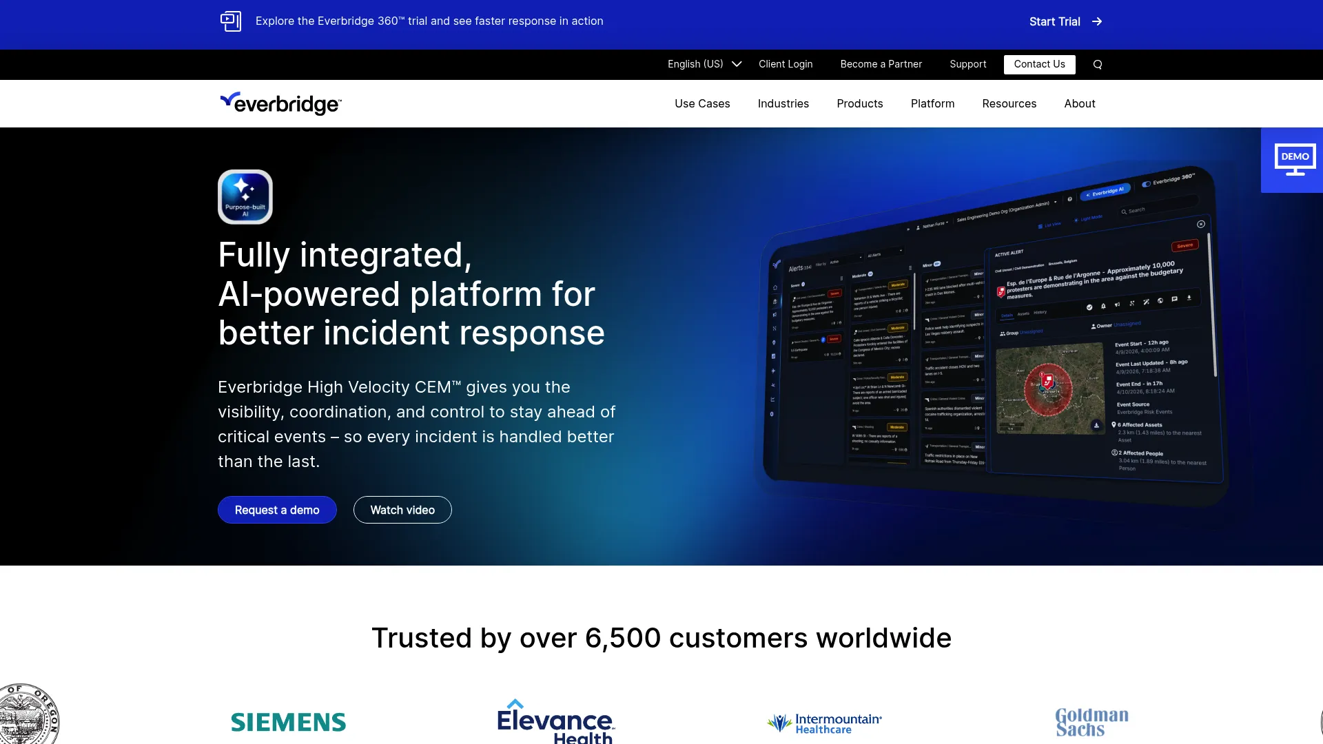 Everbridge critical event management platform homepage