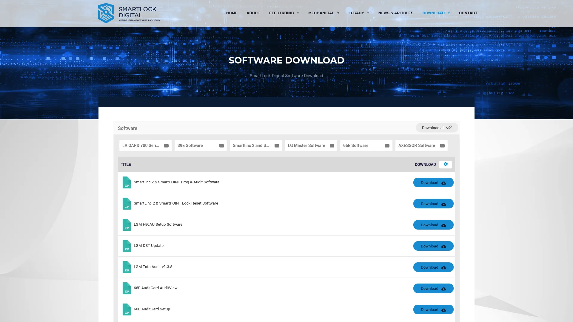 SmartLock software download page showing safe-lock software and configuration tools