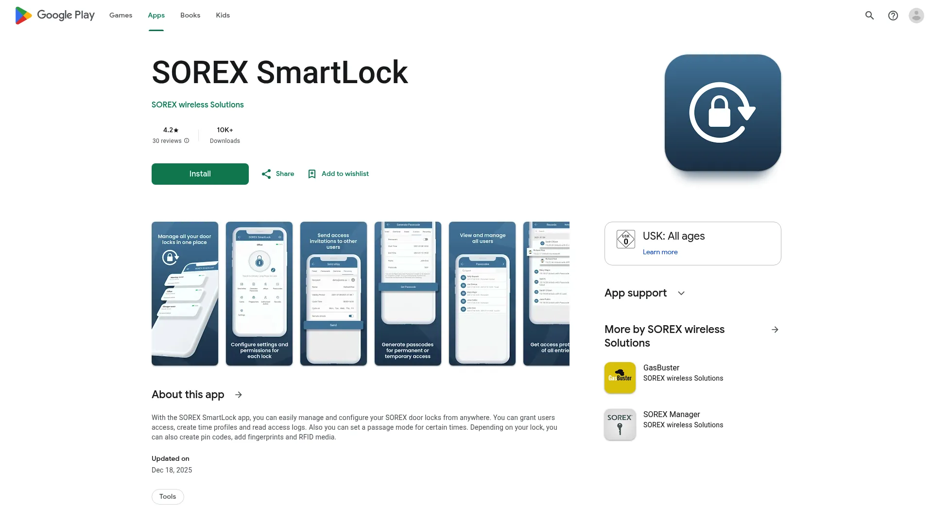 SOREX SmartLock app listing on Google Play showing mobile lock control