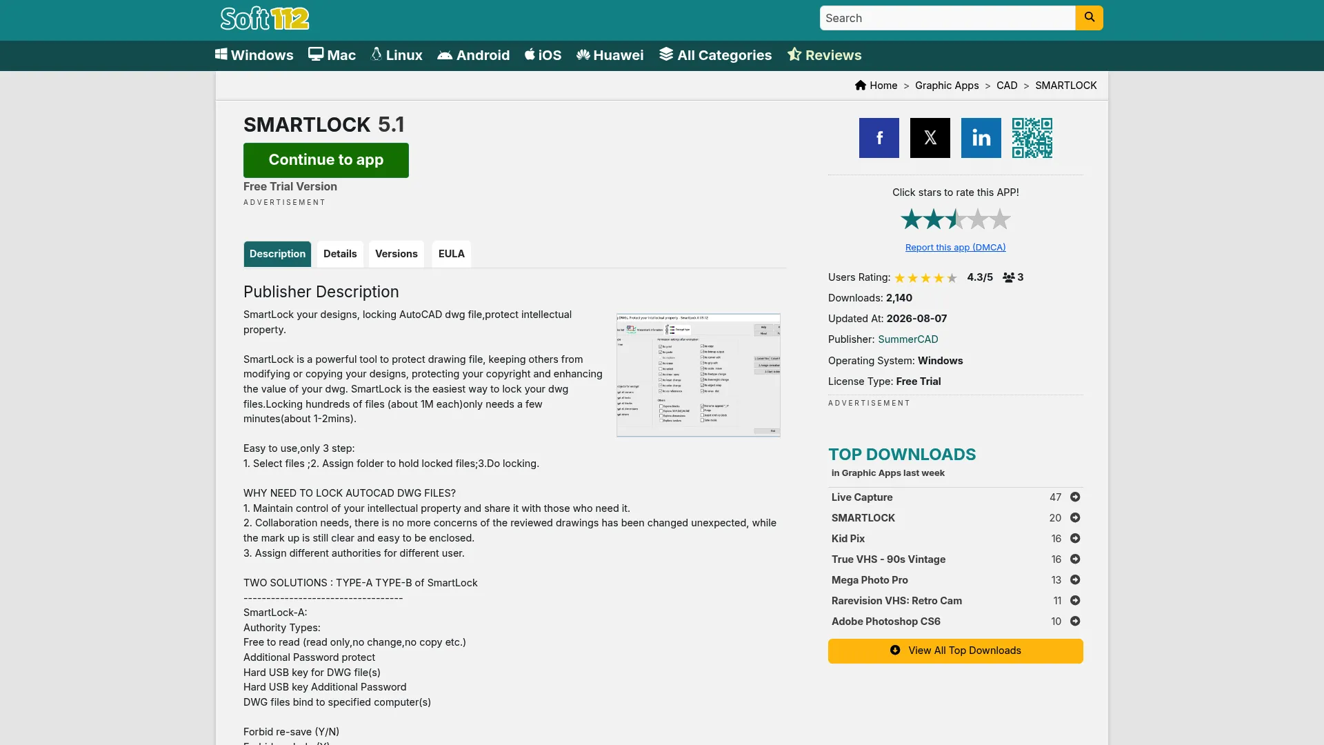 SMARTLOCK 5.1 free download page showing DWG file protection software