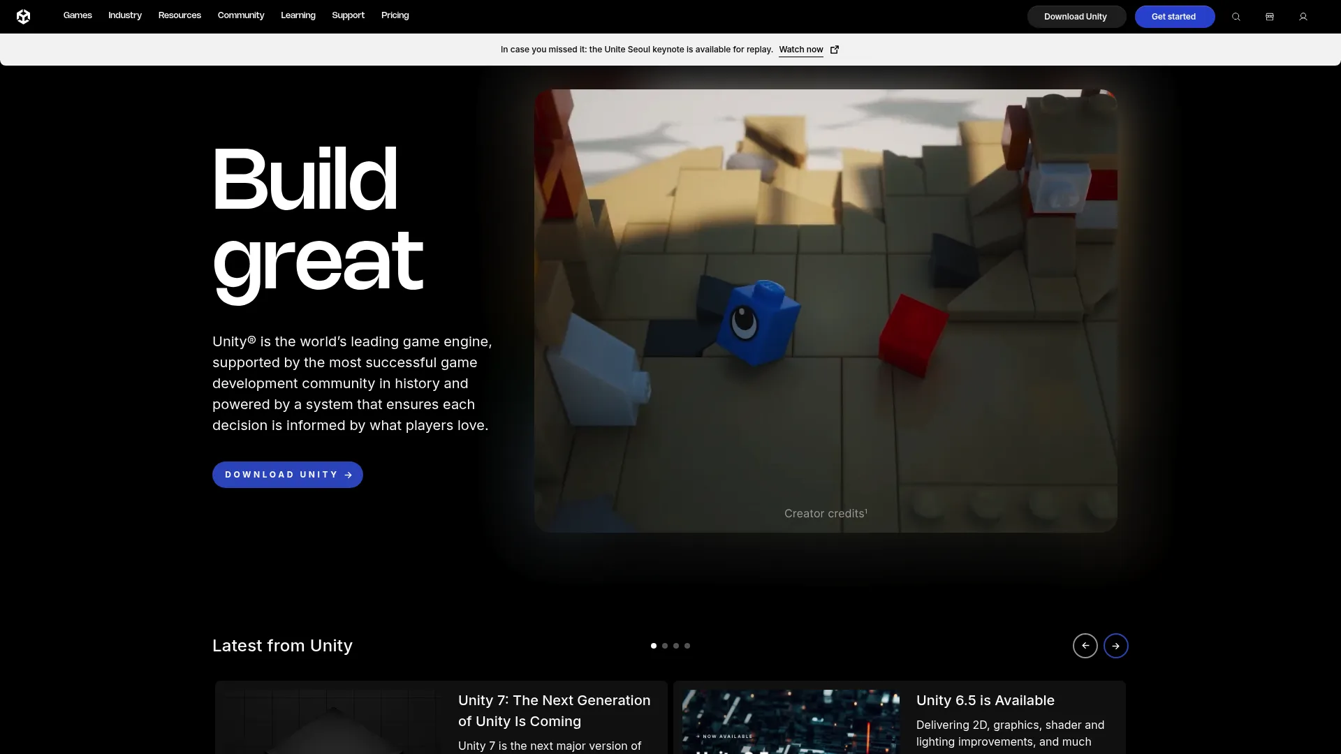 Unity game development platform homepage