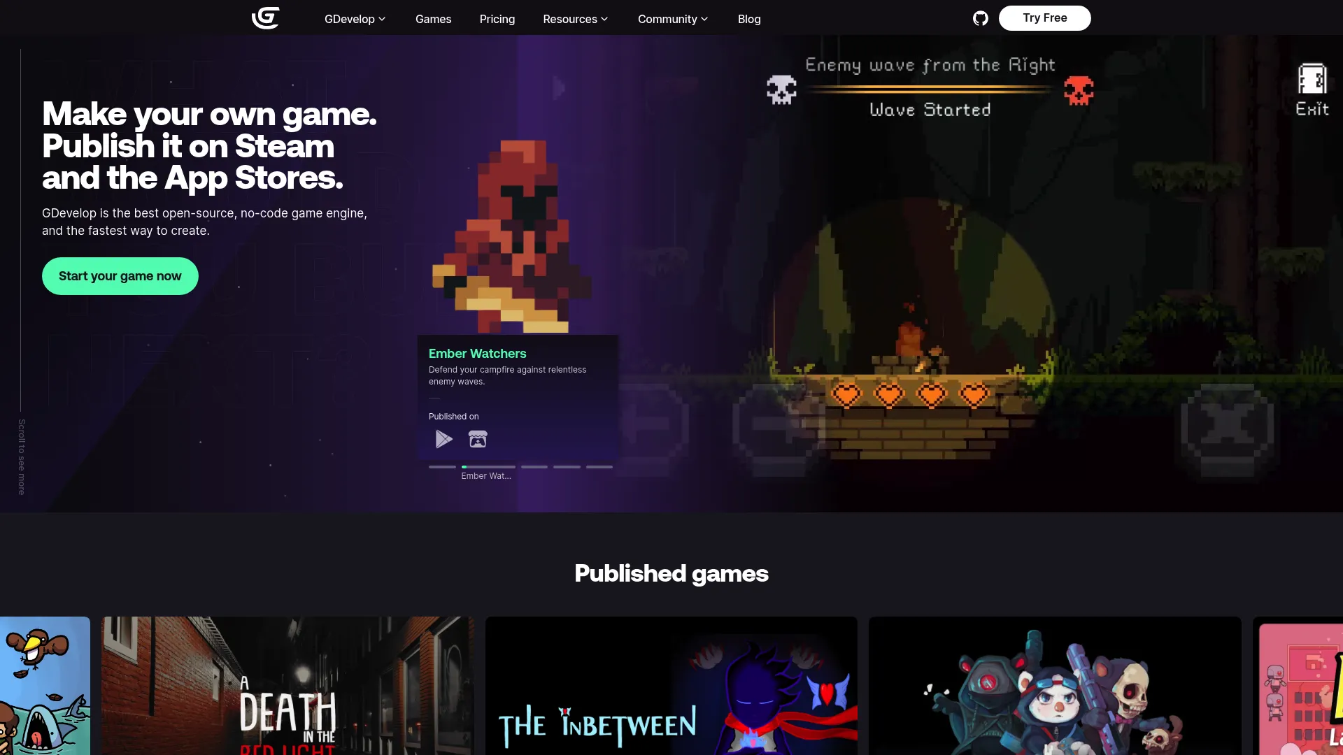 GDevelop no-code game engine homepage