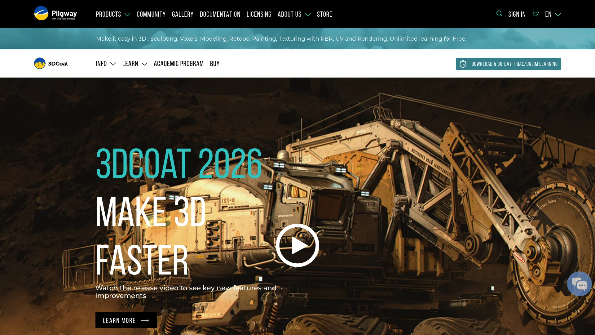 3DCoat homepage showing sculpting, retopology, UV, and texturing software