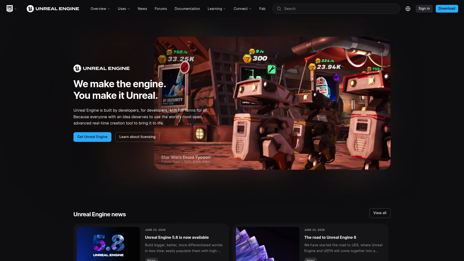 Unreal Engine homepage showing real-time 3D creation tools