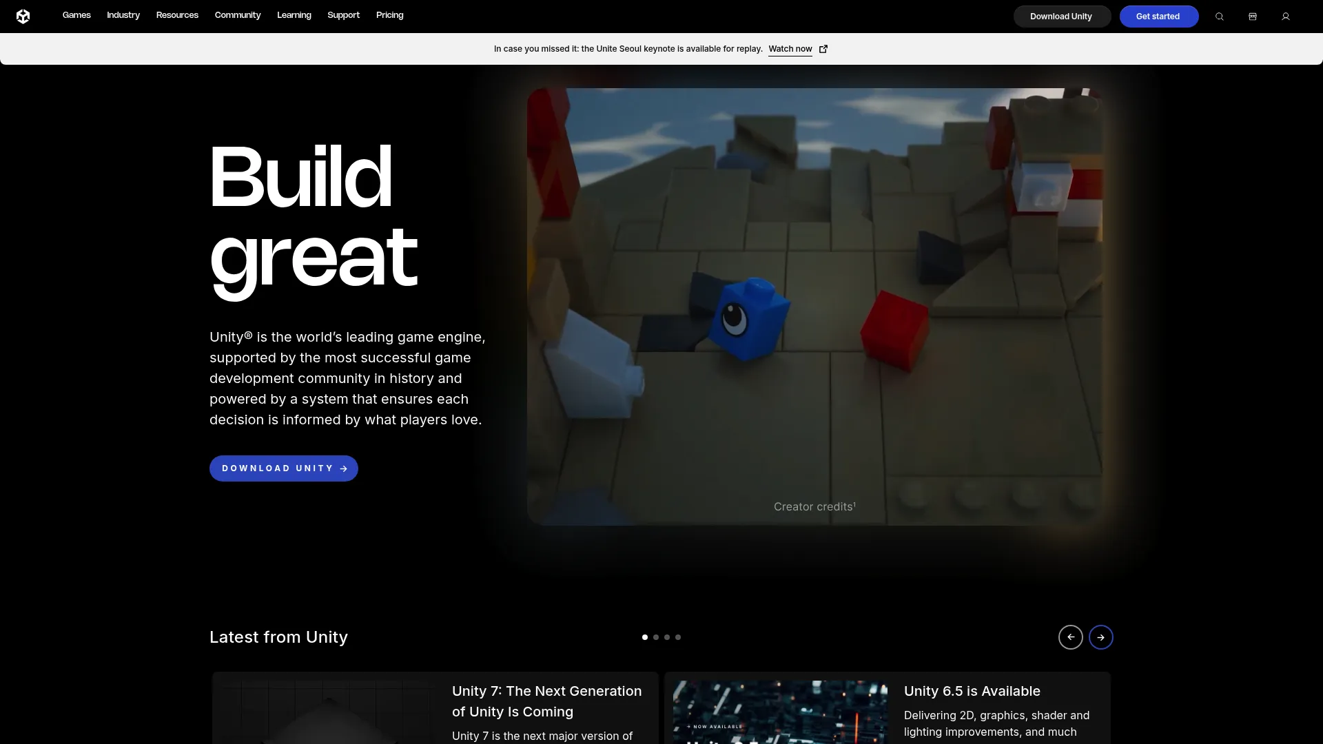 Unity real-time development platform homepage