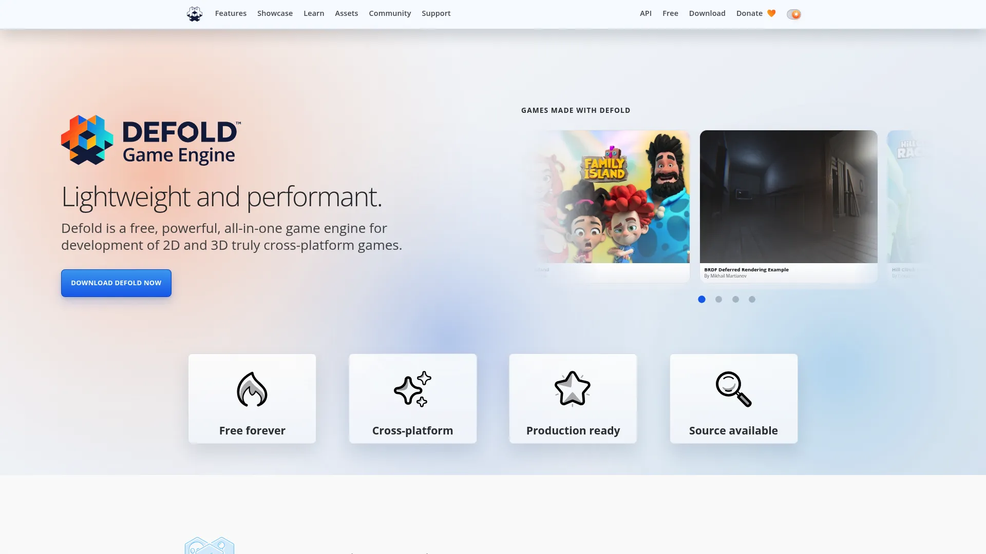 Defold cross-platform game engine homepage