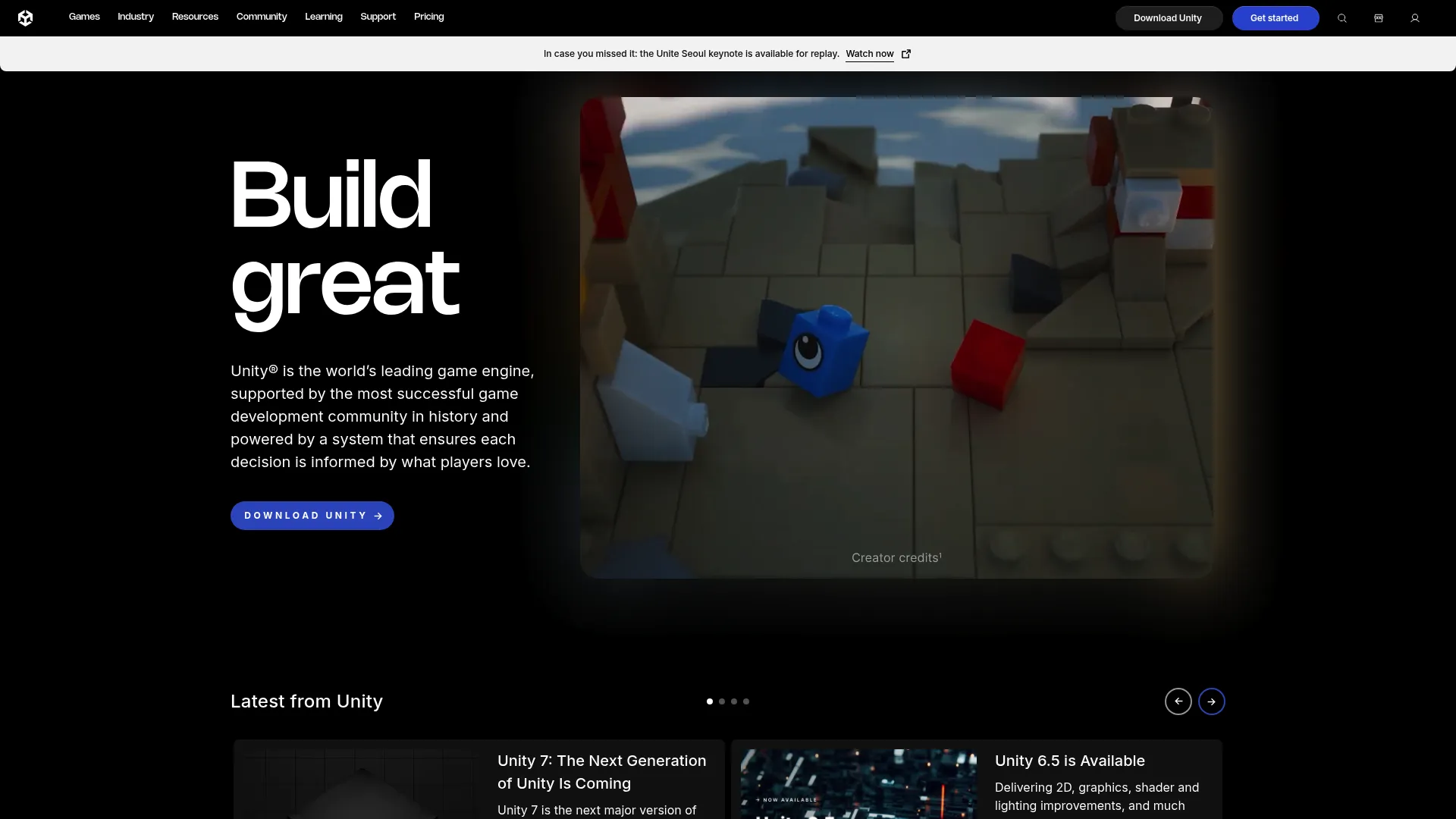 Unity game engine platform homepage