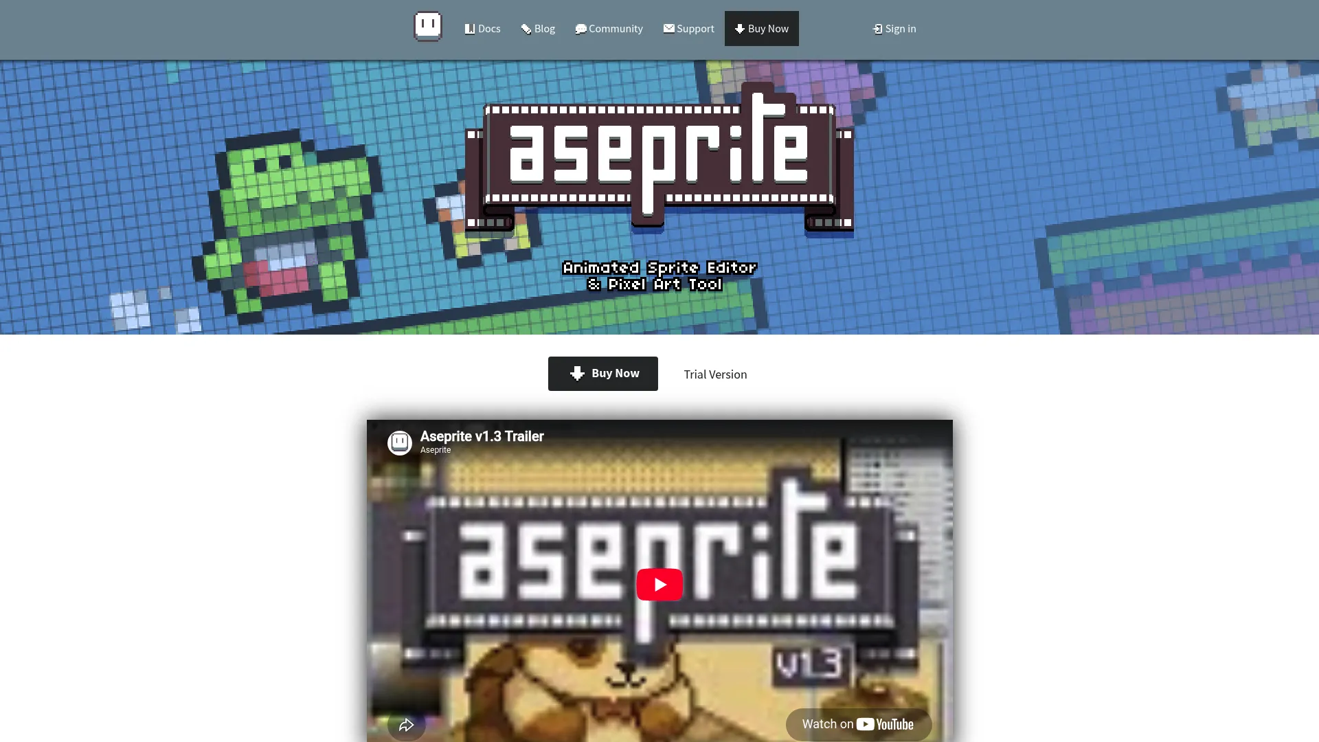 Aseprite homepage showing its pixel art and animation editor