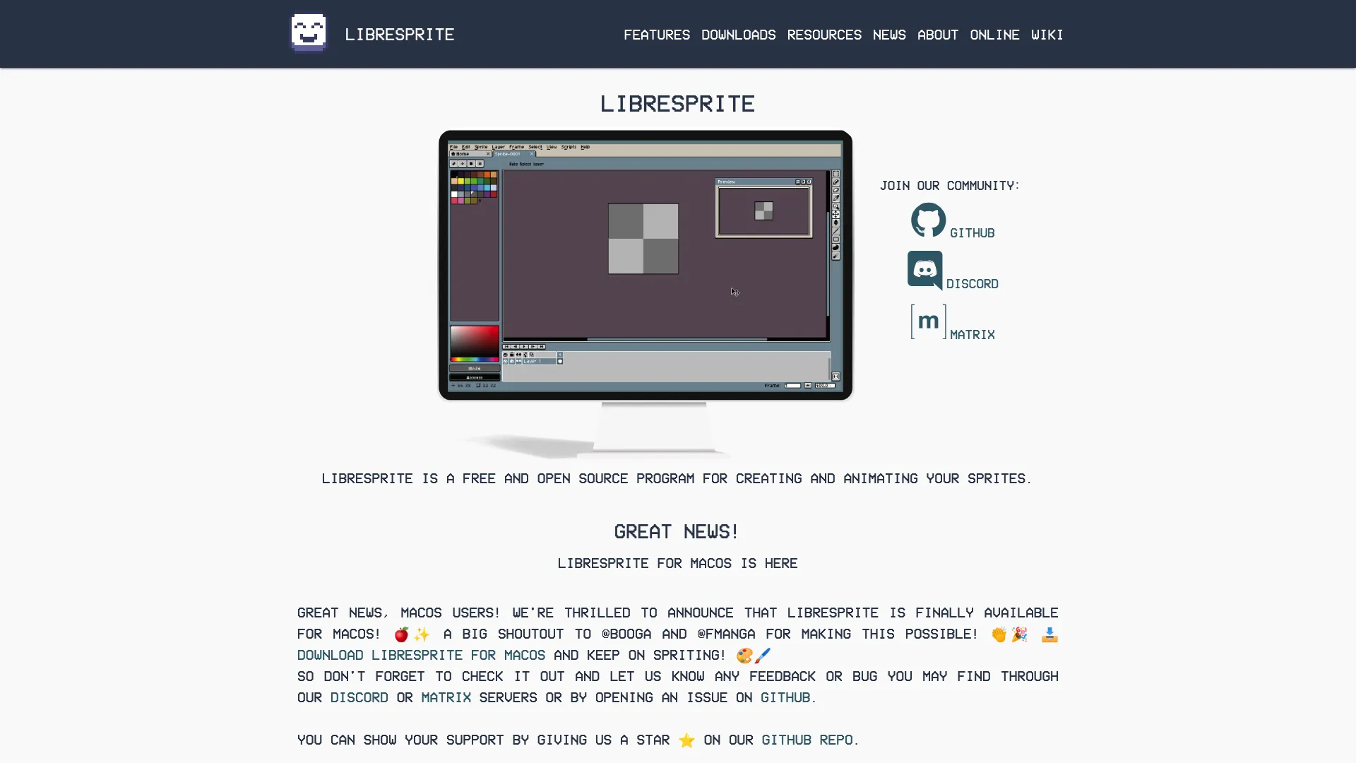 LibreSprite open-source sprite editor landing page