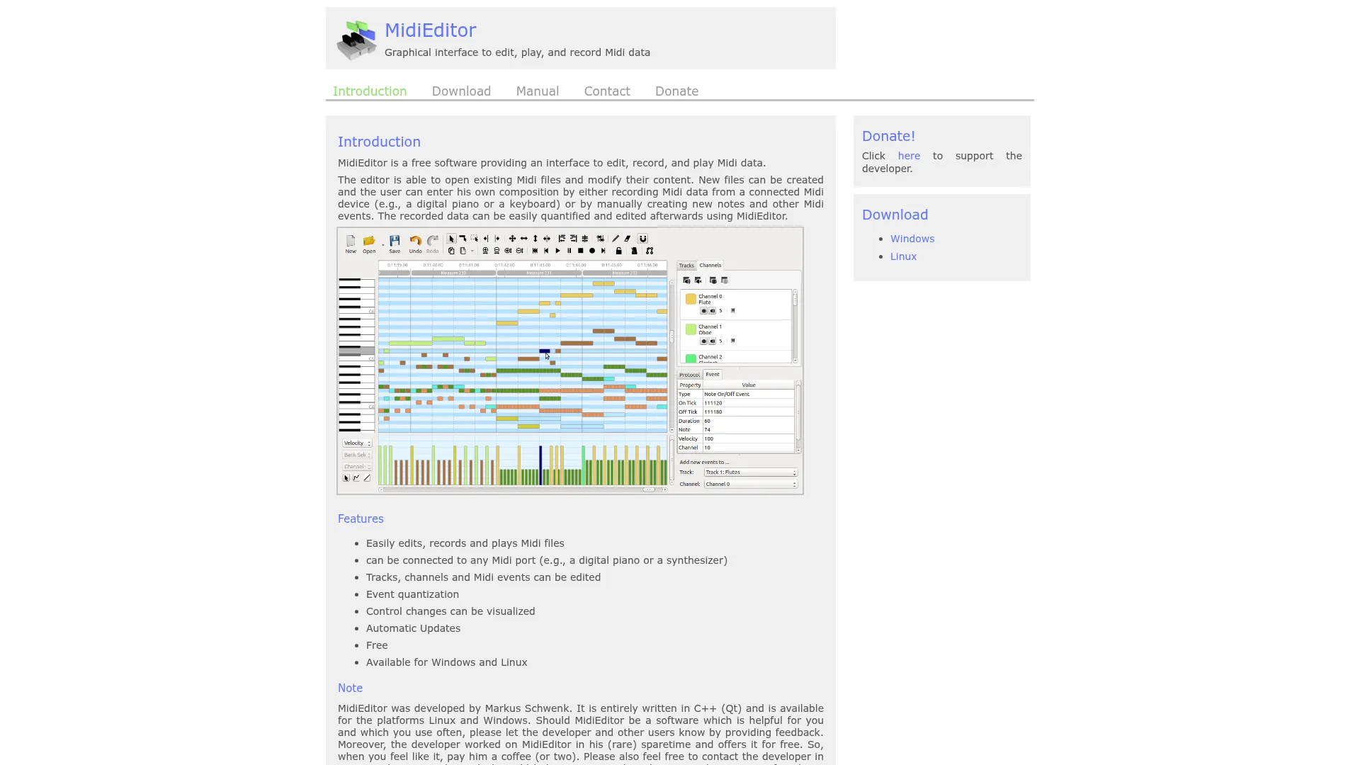 MidiEditor homepage showing the free MIDI editor interface and download options